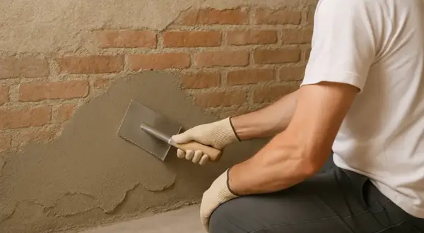 Man aplicando revoque sobre pared de ladrillos, mostrando la capilaridad del agua al penetrar en los poros.