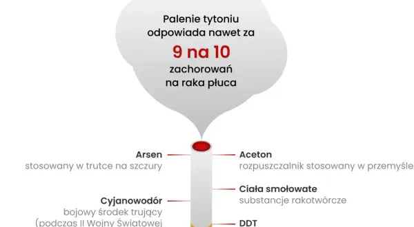 Dym papierosowy zawiera arsen, cyjanowodór, aceton, ciała smołowate i DDT – to jedne z wielu przyczyn raka. Palenie odpowiada za 9 na 10 zachorowań na raka płuca.
