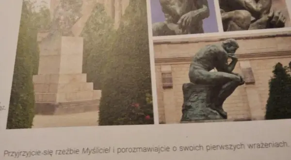 Rodina do krzyżówki: rzeźba Myśliciela w różnych ujęciach, siedząca postać w pozie kontemplacji.