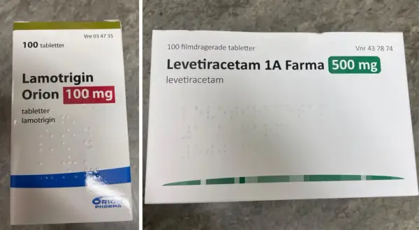 Två medicinförpackningar: Lamotrigin Orion 100 mg och Levetiracetam 1A Farma 500 mg. Lamotrigin kan ge positiva effekter vid behandling.