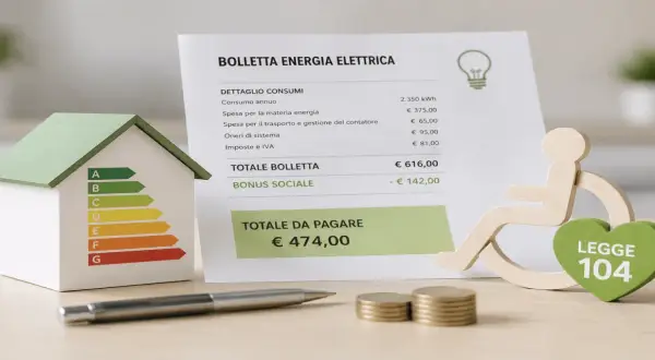 Modellino di casa con classe energetica, bolletta elettrica con bonus sociale e simbolo Legge 104, per un possibile sconto bollette.