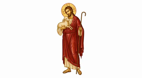 Jezus dobry pasterz, z owieczką na ramionach i laską pasterską, w czerwonej szacie i z nimbem.