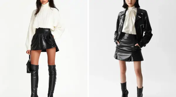 Zwei Models zeigen, wie man einen schwarzen Leder-Mininirock kombiniert: einmal mit weißem Strickpullover und Overkneestiefeln, einmal mit Lederjacke und Stiefeletten.