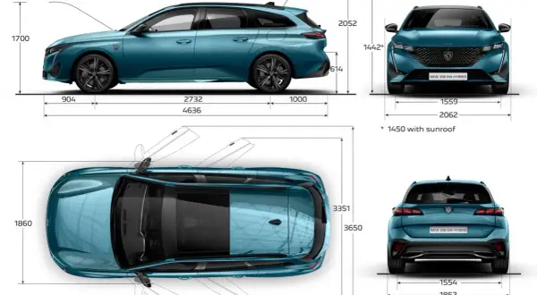 Nowe Peugeot 308 SW: wymiary zewnętrzne i wewnętrzne. Długość 4636 mm, szerokość 1860 mm, wysokość 1700 mm.