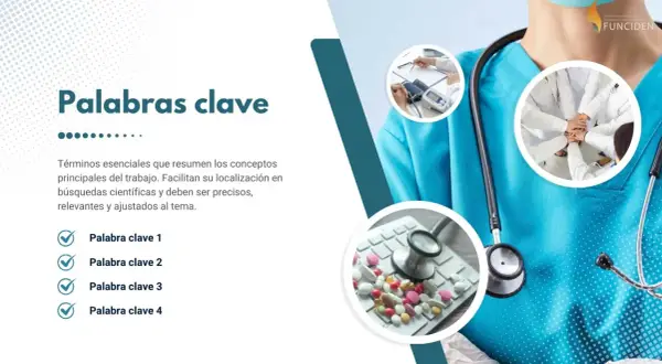 Plantilla póster científico con "Palabras clave" y listado. Imágenes de equipo médico y pastillas.