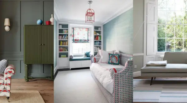 Ideas on how to style a daybed: a patterned daybed with pillows, a built-in daybed with bookshelves, and a minimalist daybed by a window.