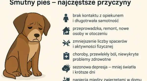 Smutny pies wyje z powodu samotności, zmian w otoczeniu, braku ruchu, chorób, depresji lub napięć z innymi zwierzętami.