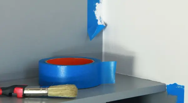 Rouleau de ruban bleu et pinceau prêts à repeindre une partie de mur.