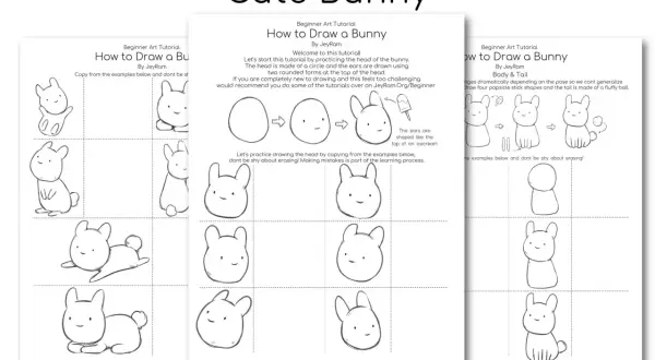 Tutorial para un kawaii conejo dibujo facil. Muestra cómo dibujar la cabeza, el cuerpo y la cola de un conejito paso a paso.