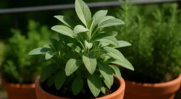 Pianta di salvia in vaso di terracotta, con altre erbe aromatiche sullo sfondo.