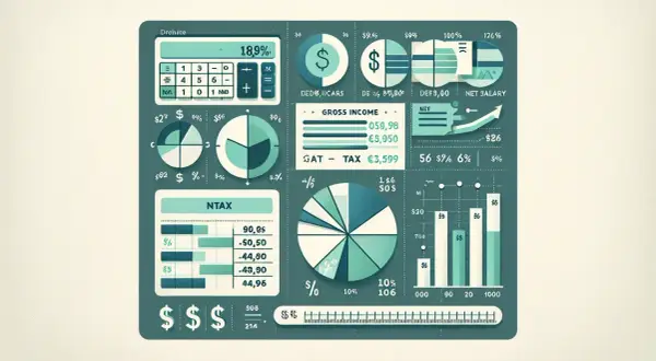 Grafik visar hur mycket betalar man i skatt. En kalkylator, cirkeldiagram och stapeldiagram illustrerar inkomster, utgifter och nettolön.