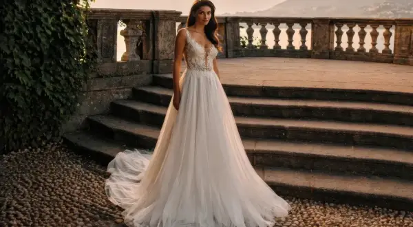 Eine Braut steht auf einer Steintreppe vor einer malerischen Bergkulisse. Ihr atemberaubendes Brautkleid mit zarter Spitze am Oberteil und einem fließenden Tüllrock ist ein Traum.