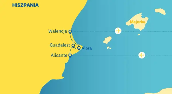 Mapa pokazuje Hiszpanię, gdzie jest Walencja, Alicante i Majorka. Widać też loty między tymi miejscami.