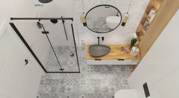 Jak urządzić małą łazienkę 4m2: prysznic walk-in, umywalka nablatowa, wisząca miska WC i drewniane półki tworzą funkcjonalną przestrzeń.
