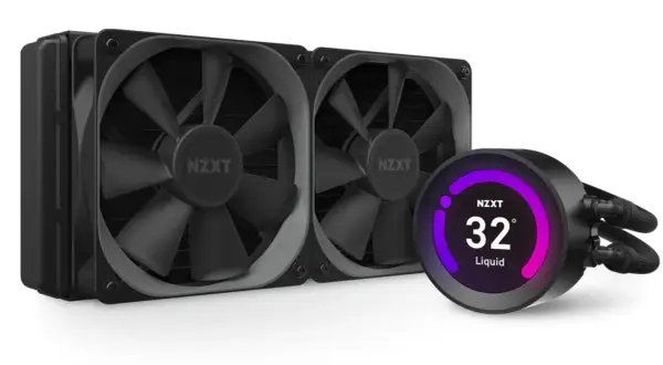 Nowoczesne chłodzenie cieczą NZXT z dwoma wentylatorami i okrągłym wyświetlaczem pokazującym temperaturę 32°C.