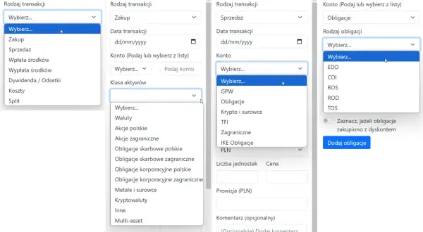 Wybierasz, gdzie założyć konto maklerskie, przeglądając opcje transakcji: zakup, sprzedaż, wpłata, wypłata, dywidendy, koszty, split.