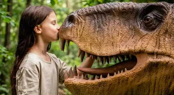 Dziewczynka całuje dinozaura w Juraparku. Sprawdź nasz jurapark cennik i zaplanuj niezapomnianą przygodę!