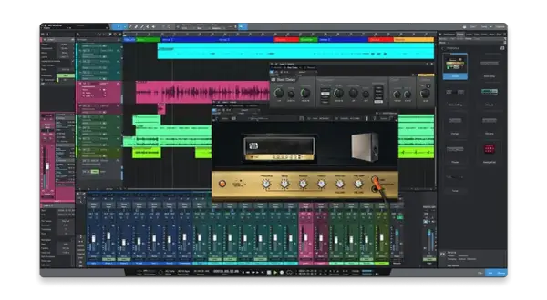 A digital audio workstation free interface displays audio tracks, a mixer, and virtual amp plugins, perfect for music production.