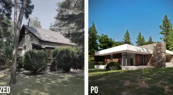 Przed i po metamorfozie: stary dom zyskał nowoczesną nadbudowę z kamienia i drewna, tworząc imponującą bryłę.