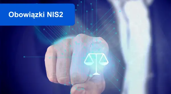Dłoń wskazująca na symbol wagi sprawiedliwości, z tekstem "Obowiązki NIS2" i cyfrowymi połączeniami.