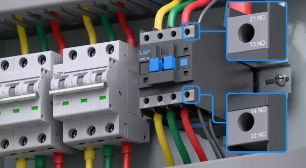 W panelu elektrycznym widać stycznik bezpieczeństwa LSP NXC-09, połączony z wyłącznikami i przewodami.