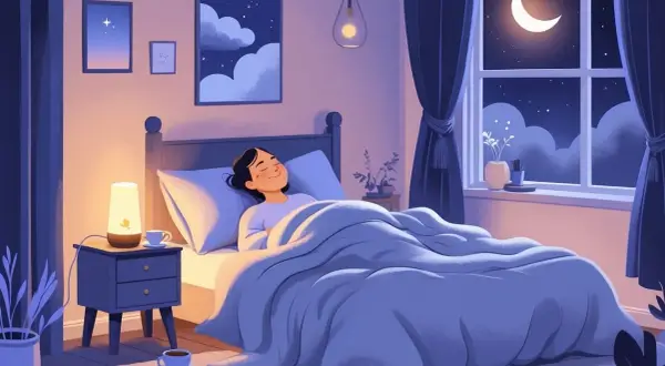 Una mujer duerme plácidamente en su cama, rodeada de una atmósfera tranquila, ideal para como tener un sueño reparador. La luna ilumina la habitación.