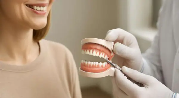 Dentysta pokazuje model szczęki, omawiając zabieg piłowania zębów. Uśmiechnięta pacjentka słucha uważnie.