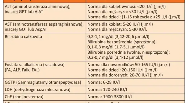 Tabela z normami prób wątrobowych. Podwyższone GGTP może wskazywać na problemy z wątrobą.