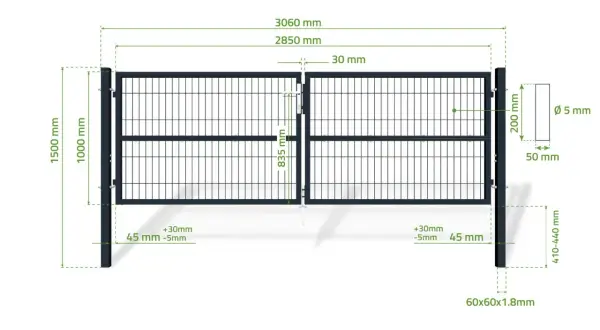 Dwuskrzydłowa brama wjazdowa o szerokości 2850 mm, wysokości 1500 mm, z elementami o grubości 5 mm.