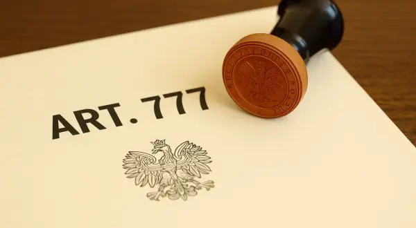 Pieczęć z orłem Rzeczypospolitej Polskiej obok tekstu "ART. 777". Dokument może dotyczyć dobrowolnego poddania się egzekucji.