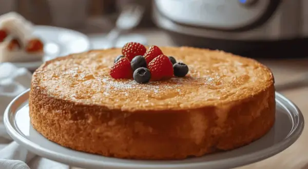Gâteau doré, garni de framboises et myrtilles, saupoudré de sucre glace. Un délice qui vous fait demander : amidon c'est quoi ?