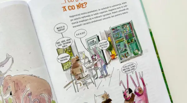 Ilustracja z książki o narkotykach: zwierzęta w gabinecie, szafka pełna dziwnych substancji.