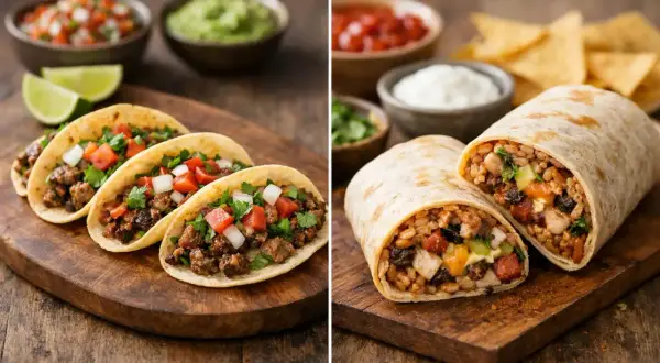 Hier siehst du, was sind Burritos: gefüllte Tortillas mit Reis, Fleisch und Gemüse, daneben Tacos mit ähnlicher Füllung.