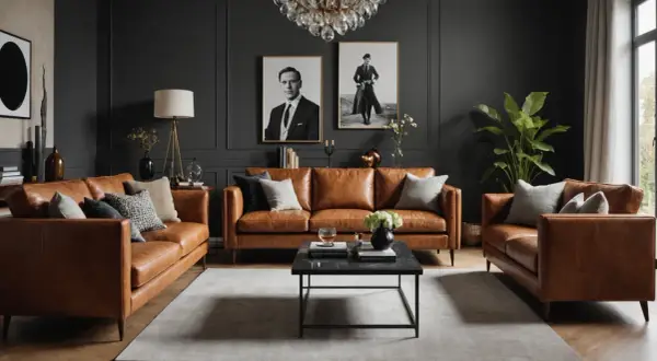 Elegante cognac Ledersofas mit Kissen, kombiniert mit einem dunklen Couchtisch und Kunst an der Wand. Tolle Ideen für Ihr Wohnzimmer.
