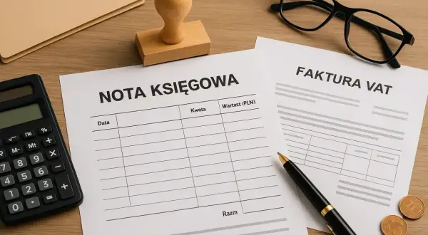 Na biurku leży kalkulator, pieczątka, okulary i dokumenty: nota księgowa oraz faktura VAT.
