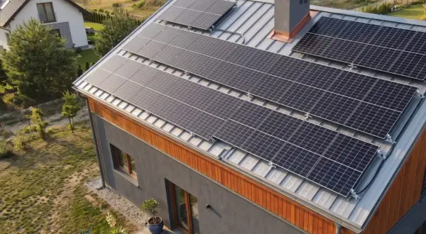 Dach domu pokryty panelami fotowoltaicznymi, które umożliwiają net metering, czyli rozliczanie się z zakładem energetycznym za nadwyżki wyprodukowanej energii.