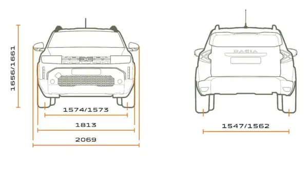 Schematyczne rysunki przodu i tyłu Dacia Duster z wymiarami: wysokość 1656/1661 mm, szerokość 1813 mm, całkowita szerokość 2069 mm, rozstaw kół 1574/1573 mm i 1547/1562 mm.