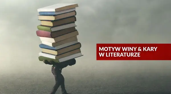 Postać dźwiga stos książek, symbolizując ciężar zbrodni i kary w literaturze.