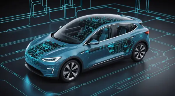 Blå elbil med genomskinlig kaross som visar interna komponenter och kretsar. En illustration som kan antyda ett renault zoe problem med dess komplexa system.