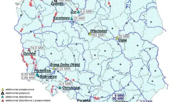 Mapa przedstawia teren na którym zostanie wybudowana elektrownia wodna i jej wpływ na środowisko