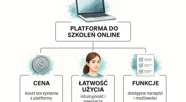 Diagram przedstawia platformę do szkoleń online, podkreślając cenę, łatwość użycia i funkcje. Idealne rozwiązanie dla e-szkolenia e-learning.