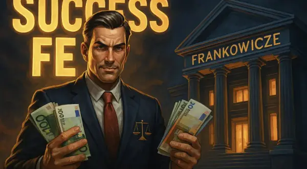 Mężczyzna w garniturze trzyma banknoty euro. W tle budynek z napisem "FRANKOWICZE" i napis "SUCCESS FEE".