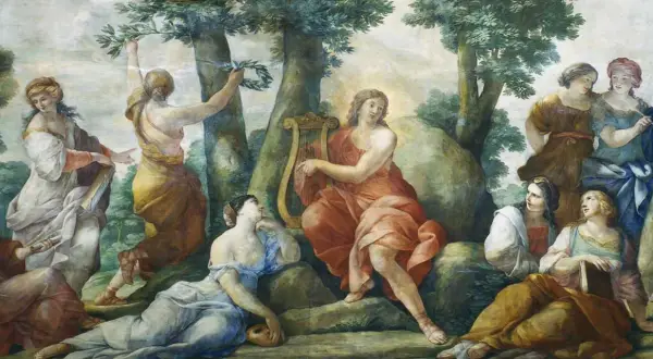 Erato muse, inspirant la poésie lyrique, joue de la lyre entourée de compagnes dans un paysage verdoyant.