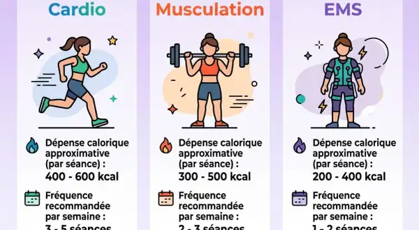 Illustration comparant cardio, musculation et EMS pour femmes. Le renforcement musculaire est une option pour brûler des calories.