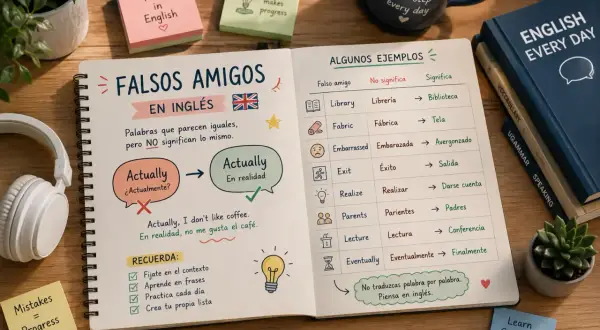 Un cuaderno abierto explica "falsos amigos" en inglés, con ejemplos y consejos para aprender.