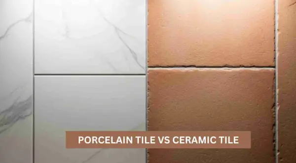Comparing porcelain vs ceramic tile: smooth white marble-look porcelain on the left, rustic terracotta-colored ceramic on the right.