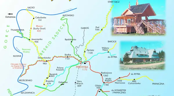 Mapa szlaków Beskidu Sądeckiego z zaznaczonymi szczytami, schroniskami i atrakcjami.