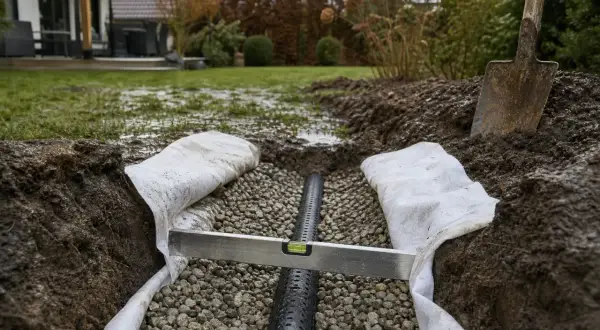 Drainage verlegen: Anleitung mit Bildern. Ein Drainagerohr liegt in Kiesbett, umgeben von Vlies. Wasserwaage prüft Neigung.