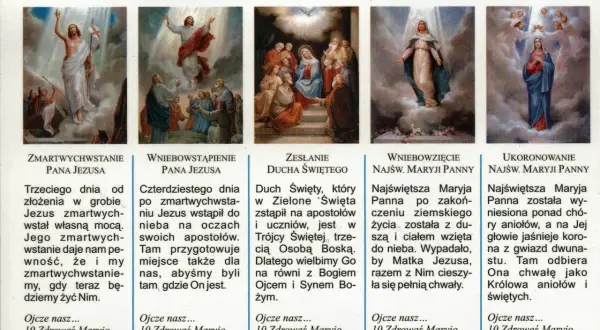 Ilustracje przedstawiające tajemnice chwalebne różańca: Zmartwychwstanie, Wniebowstąpienie, Zesłanie Ducha Świętego, Wniebowzięcie i Ukoronowanie Najświętszej Maryi Panny.