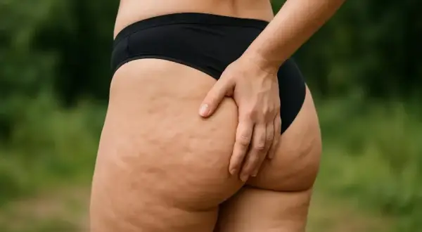 Widok z bliska na pośladki z widocznym cellulitem. Dowiedz się, jak zwalczyć cellulit w miesiąc, stosując odpowiednie metody.